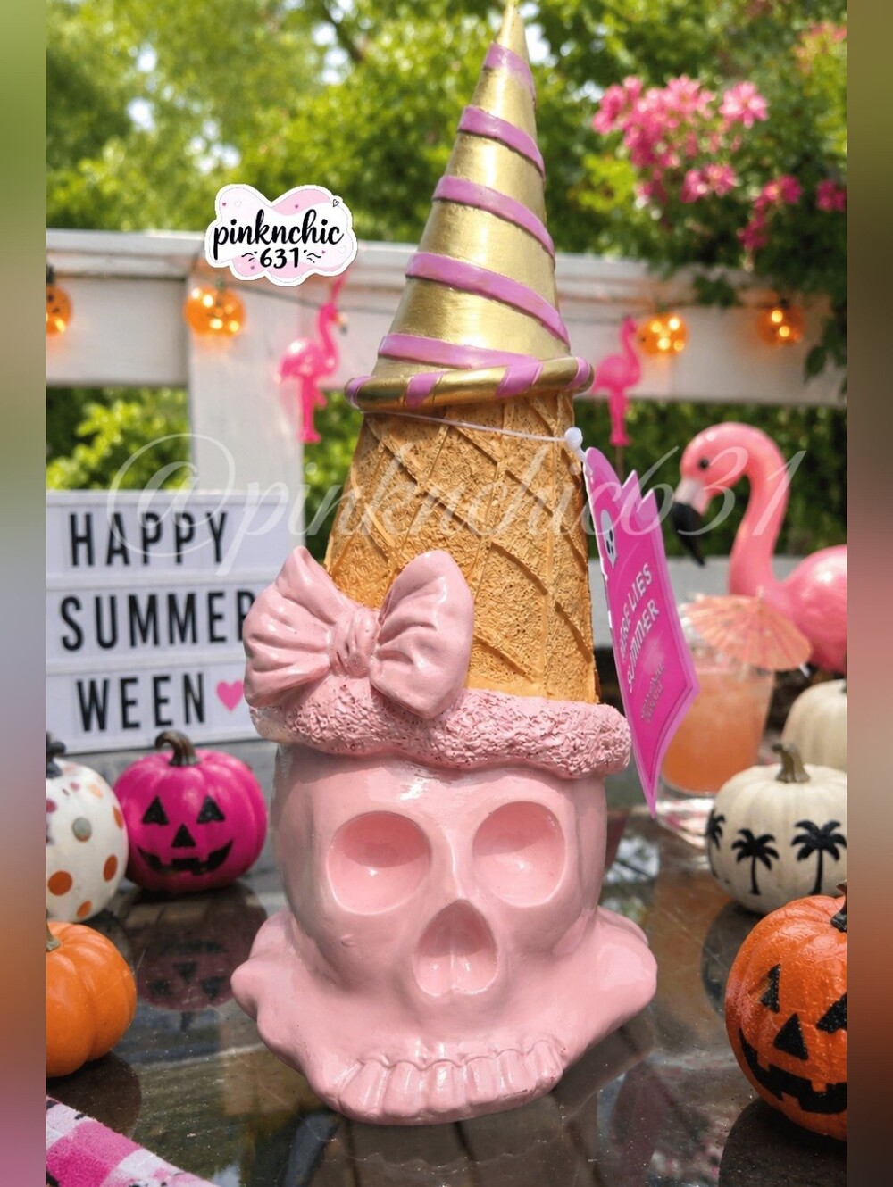 Summerween Skull Icecream Cone Coquette Bow Halloween Decor Summer